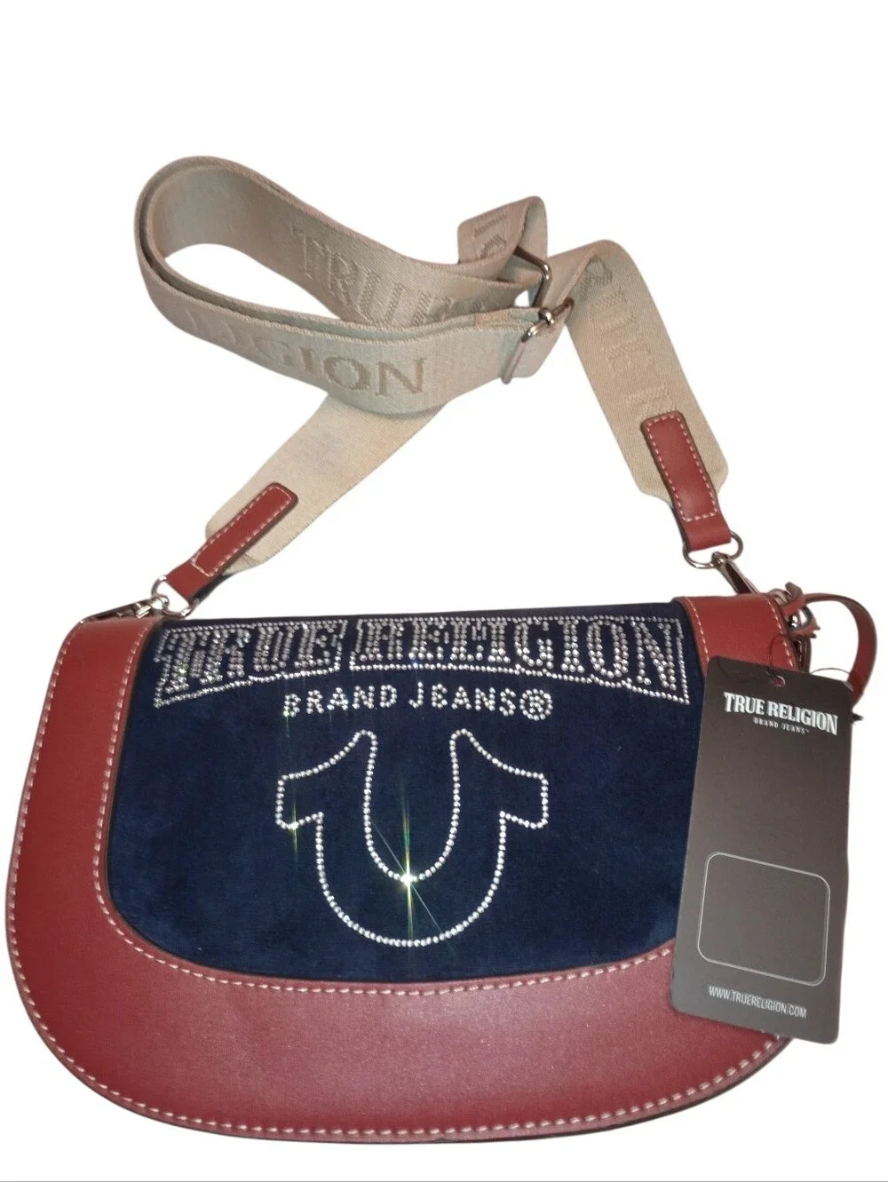 True Religion Navy Suede and Red Leather Crossbody with Beige Strap, NWT